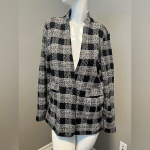 NIC+ZOE Women”s Black /White Gingham Plaid  One  Button  Baggy  Blazer  Size M